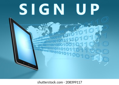 Sign up illustration with tablet computer on blue background - Powered by Shutterstock