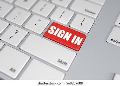 Sign in red button on the keyboard 3D rendering.