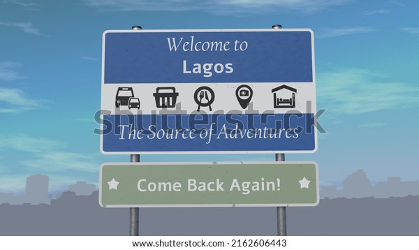 A sign says welcome to Lagos\
The source of\
adventures. Come back again.\
Icons of food or restaurant, tourist\
attraction camera or photography, hotels, transportation and\
shopping 3d\
illustration