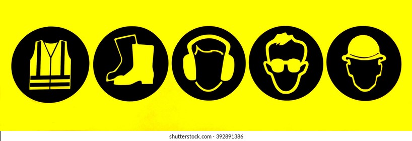 The sign shows 'Personal Protective Equipment'. From left to right are: safety vest, safety boots, ear muff, eye goggles and safety helmet. They are designed to protect the worker's body from injury. - Powered by Shutterstock