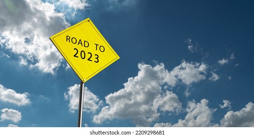 Sign Yellow Orange Color Traffic Blue Cloudy Sky Road To 2023 Start Beginning Finish 2022 Happy New Year Merry Christmas  Goal Vision Future Forward Future Target Plan Strategy Businesss.3d Rendering