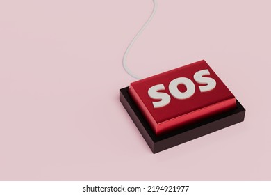 signal button for help sos. red button with the inscription sos on a pink background. copy paste, copy space. 3d render. 3d illustration