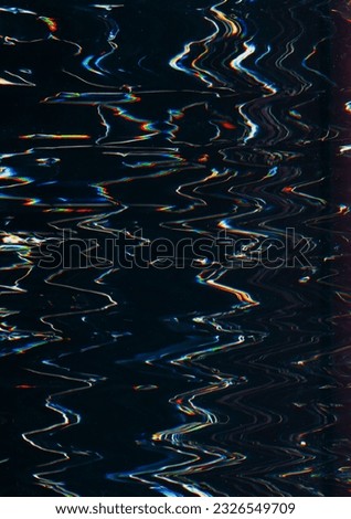 Signal error. Glitch vhs. Distorted screen. Digital colorful pattern with neon white blue red zigzag lines noise texture on black background.