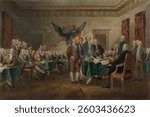 Signing of the Declaration of Independence. Vintage artwork, art illustration. People in vintage artwork, painting of people.