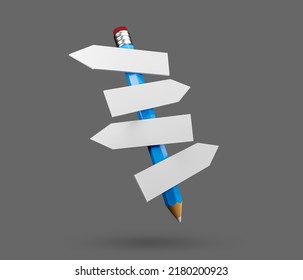 Signpost With Pencil Icon. Signpost White Mockup. Crossroads Signpost. Wooden Direction Arrow Signs On A Pencil. 3d Rendered Illustration.