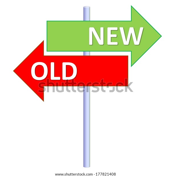 Signpost showing two different directions\
between new and old in white\
background