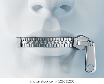 Silent Face With A Metal Zipper On A Lips