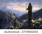 The Silent Watcher, Monk Over the Remote Mountain Monastery at Dawn