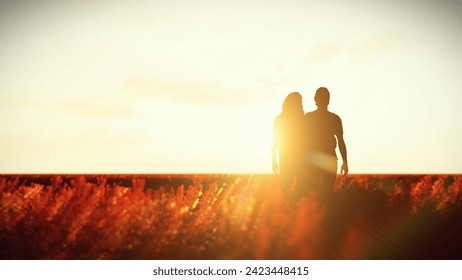 Silhouette Adult Couple Embracing and Standing in Wind Blowing the Red Grass Field 3d Rendering a Man and Woman with Sunshine and Copy Space. - Powered by Shutterstock