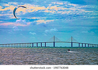 Silhouette of adult kiteboarder crossing water near skyway bridge above Lower Tampa Bay on a breezy morning in west central Florida, with digital painting effect. 3D rendering.
