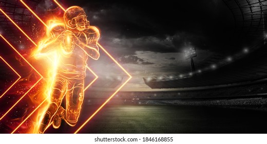 Silhouette of an American football player on fire on the background of the stadium. Concept for sports, speed, bets, American game. 3D illustration, 3D render - Powered by Shutterstock