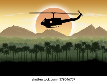 Silhouette Of American Helicopter, Circa Late 1960's In Vietnam Or Jungle Warfare Scenario. Artist Illustration.