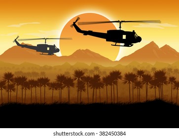 Silhouette Of American Helicopter, Circa Late 1960's In Vietnam Or Jungle Warfare Scenario. Artist Illustration.