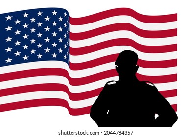 Silhouette Of An American Soldier Facing Waving USA National Flag,  White Background. Concept: United States Army, Veterans Day, Memorial Day, Armed Forces Day, US Military Services