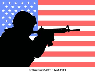 Silhouette Of An American Soldier With The Flag Of The United States In The Background