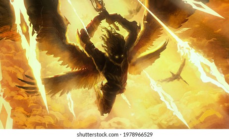 The silhouette of an angel frantically rushing into battle with his comrades, behind him divine light, blue flying spiritual spears of light, they raise their sword to strike. 2d illustration.
