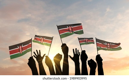 Silhouette of arms raised waving a Kenya flag with pride. 3D Rendering