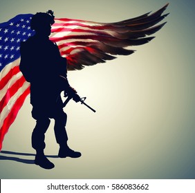 Silhouette Of Army Soldier In Front Of Stilyzed US Flag In The Form Of Huge Wing. Pride And Gratitude For Years Of Dedicated Service