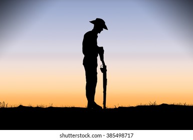 Silhouette Of Australian ANZAC Soldiers Against The Sky.