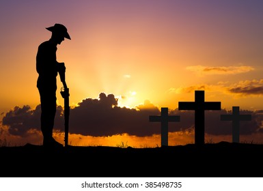 Silhouette Of Australian ANZAC Soldiers Against The Sky.