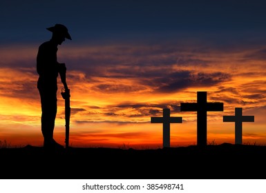 Silhouette Of Australian ANZAC Soldiers Against The Sky.  April 25th Is ANZAC Day. 