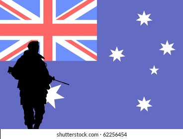 Silhouette Of An Australian Soldier With The Flag Of Australia In The Background