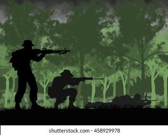 Silhouette Of Australian Soldiers In Vietnam War Circa 1966 At The Battle Of Long Tan.