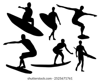 Silhouette beach boy person. Surfing silhouettes. Adrenaline surf people. Extreme surfing silhouettes. Set of surfer Silhouette illustration. male. - Powered by Shutterstock