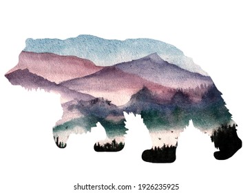 Silhouette Of A Bear And Forest. Multiple Exposure, Watercolor Illustration. Moose With Antlers On A Forest Background. Design Illustration. Disappearing View. Portrait Of An Animal. Mountains, Fog.