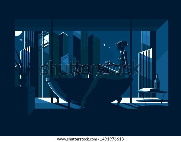 Silhouette Of Beautiful Naked Girl In Bath At Night Illustration