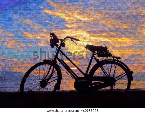 Silhouette Bicycle On Beach Colorful Cloud Stock Illustration