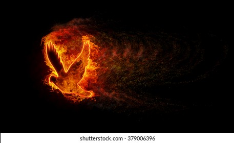 Silhouette of the bird with the flames of fire and explosion with lots of sparks