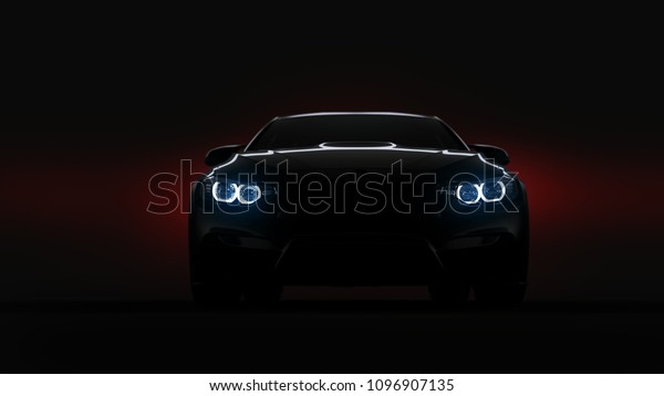 silhouette of black sports car with\
headlights on black background, photorealistic 3d render, generic\
design,\
non-branded