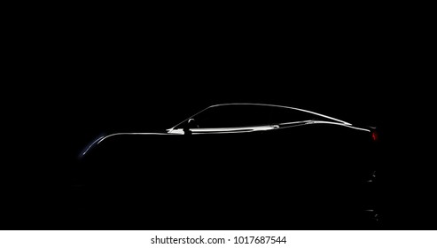 silhouette of black sports car on black background, photorealistic 3d render, generic design, non-branded