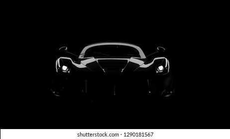 silhouette of black supercar with headlights on black background, 3d render, generic design, non-branded