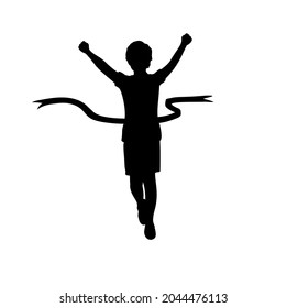 Silhouette Boy Crosses The Finish Line. Illustration Icon JPG