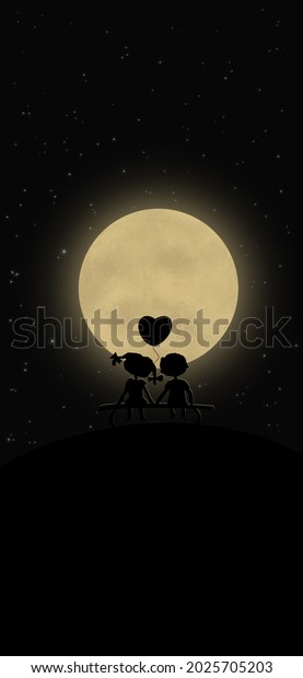 silhouette of a boy and\
a girl, holding hands, looking at the moon, sitting on a bench and\
looking at the starry sky, big yellow moon in the night starry sky,\
lovers, romantic\
date