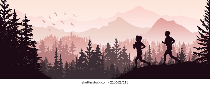 Silhouette Of Boy And Girl Jogging. Forest, Meadow, Mountains. Horizontal Landscape Banner. Violet Illustration. 