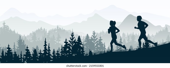 Silhouette Of Boy And Girl Jogging. Forest, Meadow, Mountains. Horizontal Landscape Banner. Gray Illustration. 