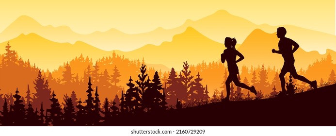 Silhouette Of Boy And Girl Jogging. Forest, Meadow, Mountains. Horizontal Landscape Banner. Violet Illustration. 