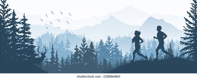 Silhouette Of Boy And Girl Jogging. Forest, Meadow, Mountains. Horizontal Landscape Banner. Blue Illustration. 