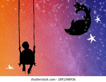 宇宙空間を振り回す少年のシルエット 星に浮かぶイルカと海の星を見ながら 夢と希望に関する抽象的なイラスト のイラスト素材 Shutterstock