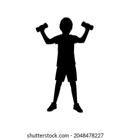 Silhouette boy working out with dumbbells. Illustration icon symbol JPG