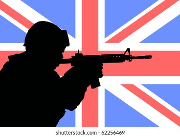 Silhouette Of A British Soldier With The Flag Of The United Kingdom In The Background