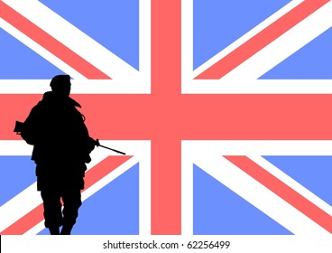 Silhouette Of A British Soldier With The Flag Of The United Kingdom In The Background