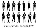 Silhouette business people set. Men and women, smartly dressed, some with clipboards.