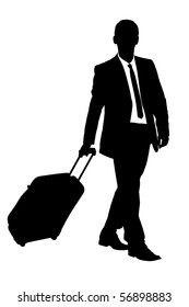 A silhouette of a business traveler carrying a suitcase isolated on white background