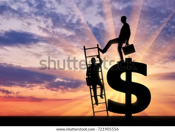 Silhouette of a businessman climbs\
the stairs, and another businessman standing on a dollar symbol\
pushes this ladder. The concept of greed and\
inequality