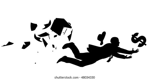 Silhouette Of A Businessman Desperately Trying To Catch A Falling Dollar