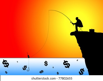Silhouette of businessman fishing for money at sunset